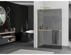 Mexen Kioto+ L, sprchová zástena Walk-In s poličkou a vešiakom 70 x 200 cm, 8mm šedé sklo, zlatý matný profil, 800-070-123-55-40