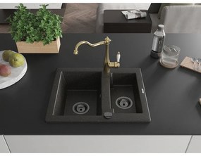 Mexen Carlos, granitový drez 582x475x177 mm, 1,5-komorový a drezová batéria Carla, čierna-zlatá metalíza, 6518-75-670700-50-B
