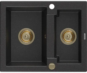 Mexen Carlos, granitový drez 582x475x177 mm, 1,5-komorový, čierna-strieborná metalíza so zlatým sifónom, 6518581500-73-G