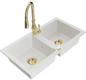 Mexen Mario, 2-komorový granitový drez 820x436x161 mm a drezová batéria Savita, biela, 6504-20-672601-50