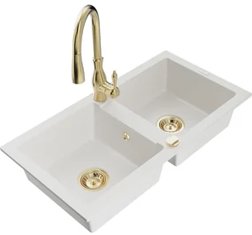 Mexen Mario, 2-komorový granitový drez 820x436x161 mm a drezová batéria Savita, biela, 6504-20-672601-50