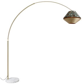Booglamp messing met wit met dubbele velours kap blad dessin en beige - XXL