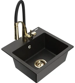 Mexen Milo, 1-komorový granitový drez 435x410x171 mm a drezová batéria Aster, čierna-zlatá metalíza, 6505-75-73450-57-G