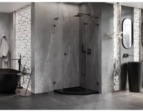 Mexen Lunar, L sklopný päťuholníkový sprchový kút pravý 90 x 90 cm, 8mm číre sklo, čierny profil, 831L-090P-090L-70-00-P
