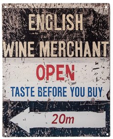 Čiernobiela antik nástenná kovová ceduľa English Wine Merchant - 20*1*25 cm