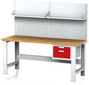 Alfa 3 Nastaviteľný dielenský stôl MECHANIC I , závesný box na náradie, nadstavba, polica, 2 zásuvky, 2000x685x700-1055 mm, červe