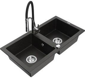 Mexen Mario, granitový drez 820x436x161 mm, 2-komorový a drezová batéria Aster, čierna-zlatá metalíza, 6504-75-73450-07
