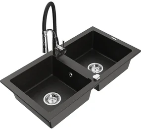 Mexen Mario, granitový drez 820x436x161 mm, 2-komorový a drezová batéria Aster, čierna-zlatá metalíza, 6504-75-73450-07