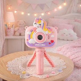 Detský digitálny fotoaparát KIK jednorožec, duálny, 1080P, ružový so statívom