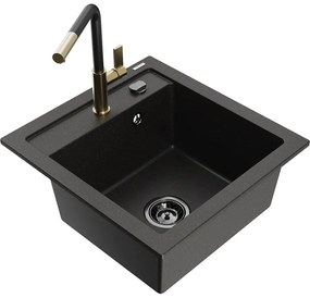 Mexen Vito, 1-komorový granitový drez 490x520x210 mm a drezová batéria Flora, čierna-zlatá metalíza, 6503-75-670401-57-B