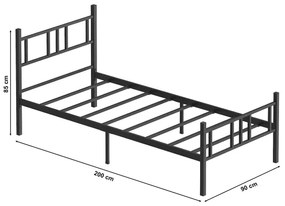 Kovová jednolôžková posteľ PIRON 90x200 cm, čierna, nosnosť 120 kg