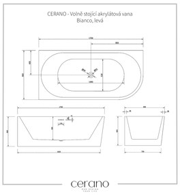 CERANO - Voľne stojaca akrylátová vaňa Bianco, ľavá - biela matná - 170x80 cm, CER-CER-477806