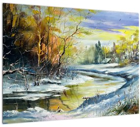 Sklenený obraz zimnej rieky, olejomaľba (70x50 cm)