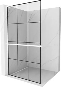 Mexen Kioto+ L, sprchová zástena Walk-In s poličkou a vešiakom 100 x 200 cm, 8mm číre sklo čierny vzor, biely profil, 800-100-123-20-77
