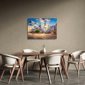Sklenený obraz - Calle Gran Vía, Madrid, Španielsko (70x50 cm)