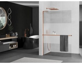 Mexen Kioto+ L, sprchová zástena Walk-In s poličkou a vešiakom 90 x 200 cm, 8mm číre sklo-námraza, ružové zlato profil, 800-090-123-60-35