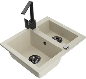 Mexen Carlos, 1,5-komorový granitový drez s odkvapkávačom 582x475x177 mm a čierna kuchynská batéria Rita, béžová, 6518-69-670300-70