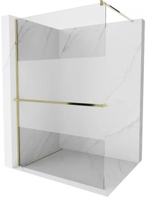 Mexen Kioto+, sprchová zástena s poličkou a držiakom na uteráky 120 x 200 cm, 8mm číre sklo vzor námraza, zlatý profil, 800-120-121-50-35