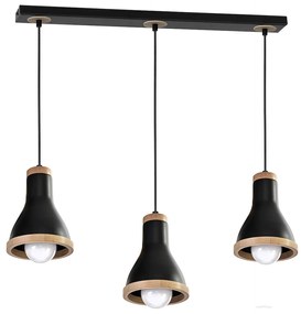 Závesné svietidlo Holly, 3x drevené/čierne kovové tienidlo, b