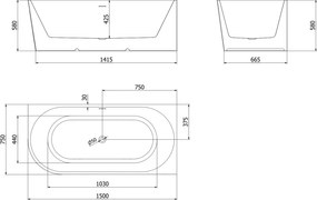 Mexen Silo, rohová voľne stojaca ryhovaná vaňa, pravá, 150 x 75 cm, biela-šedá, čierny matný prepad, 52891507562P-70