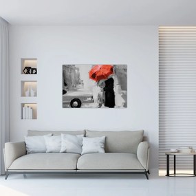 Obraz - Zamilovaný pár pod dáždnikom, červený (90x60 cm)