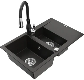 Mexen Gaspar, 1,5-komorový granitový drez 737x475x177 mm a drezová batéria Savita, čierna-zlatá metalíza, 6507-75-672601-70