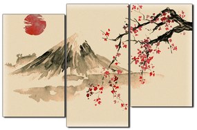 Obraz na plátne - Tradičné sumi-e obraz: sakura, slnko a hory 1271FC (90x60 cm)