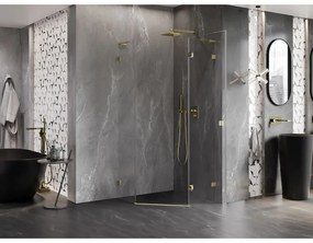 Mexen Lunar, L pravý výklopný päťuholníkový sprchový kút 90 x 90 cm, 8mm číre sklo, zlatý profil, 831L-090P-090L-50-00-P