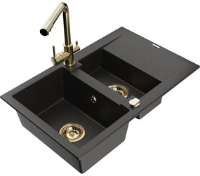 Mexen Gaspar, granitový drez 737x475x177 mm, 1,5-komorový, zlatá batéria Duero, čierna-zlatá metalíza, 6507-75-671600-50