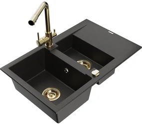 Mexen Gaspar, granitový drez 737x475x177 mm, 1,5-komorový, zlatá batéria Duero, čierna-zlatá metalíza, 6507-75-671600-50