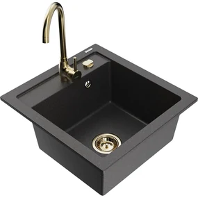 Mexen Vito, 1-komorový granitový drez 520x490x210 mm, zlatá batéria Telma, čierna škvrnitá, 6503-76-670200-50