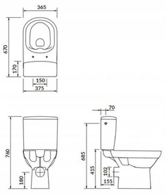 Cersanit CITY - WC kombi + antibakteriálne sedátko s funkciou pomalého zatvárania, horizontálny odpad, prívod vody zo spodu, K35-038