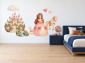 Princezná v záhrade ruží ružové akvarelové nálepky na stenu pre malé slečny hárok 46 x 34 cm
