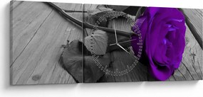 Obraz - Fialová ruža so zelenou stonkou (s hodinami) (90x30 cm)