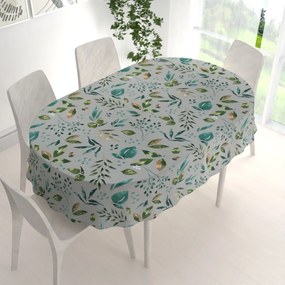 Biante Bavlnený oválny obrus Sandra SA-430 Modro-zelené listy na sivom 50x100 cm