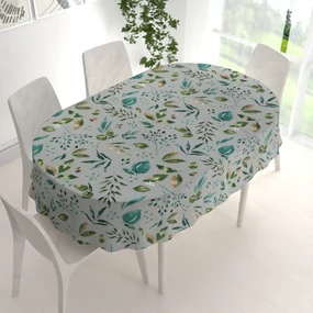 Biante Bavlnený oválny obrus Sandra SA-430 Modro-zelené listy na sivom 140x160 cm