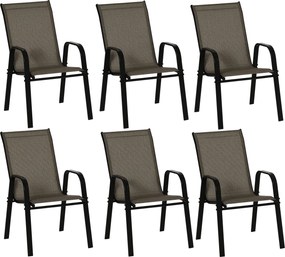Outsunny Sada 6 Stohovateľných Záhradných Stoličiek, Vonkajšie Stoličky s Kovovými Rukoväťami a Dýchateľným Materiálom, Hnedá | Aosom