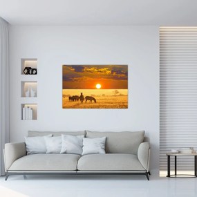 Obraz - Zebry so západom slnka (90x60 cm)