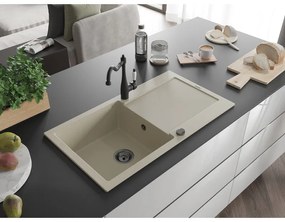 Mexen Leo, granitový drez 900x500x190 mm, 1-komorový a drezová batéria Carla, béžová, 6501-69-670700-70