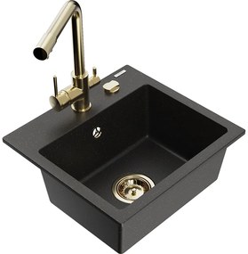 Mexen Milo, granitový drez 435x410x171 mm, 1-komorový a zlatá batéria Duero, čierna - zlatá metalíza, 6505-75-671600-50