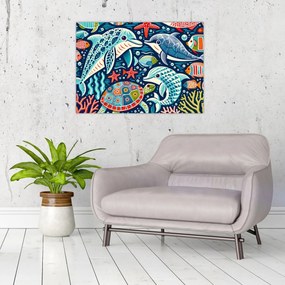 Sklenený obraz – Kreslené vodné zvieratká (70x50 cm)