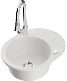 Mexen Kevin, 1-komorový granitový drez 586x458x190 mm a drezová batéria Elia, biela, 6517-20-670101-00