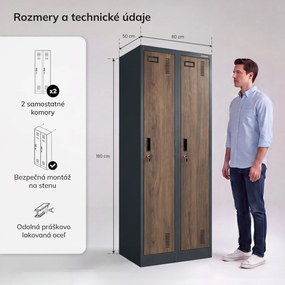 Dvojkomorová zamestnanecká skrinka antracitová, orech, 600x1800x500 mm: KACPER II Eco Design