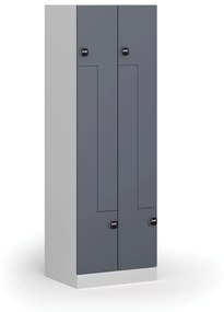 Kovová šatníková skrinka Z, 4 oddiely, 1850 x 600 x 500 mm, zámok s čítačkou RFID kariet, tmavosivé dvere