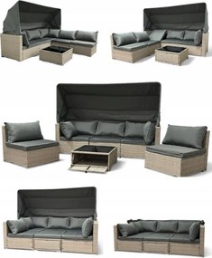 Sivý ratanový nábytok so slnečnou clonou - modulárny