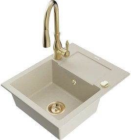 Mexen Enzo, 1-komorový granitový drez 576x465x174 mm a drezová batéria Savita, béžová, 6506-69-672601-50