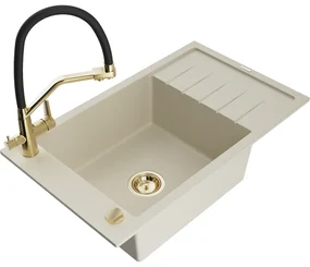 Mexen Elias, 1-komorový granitový drez 795x480x200 mm a drezová batéria Duo, béžová, 6511-69-671701-57-G