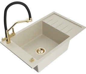 Mexen Elias, 1-komorový granitový drez 795x480x200 mm a drezová batéria Duo, béžová, 6511-69-671701-57-G
