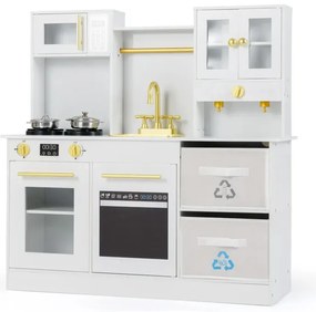 Detská kuchynka na hranie Drevená kuchynka na hranie s varičom Zvuk a svetlo Kávovar Vodovodná batéria a kuchynský riad Biela