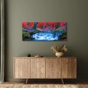 Obraz vodopádu v červenom lese (120x50 cm)